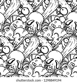 Seamless pattern with cute cartoon monsters. Ready for packaging, wrapping paper, prints, wallpaper, fabric, textile, fashion, home decor, etc. Vector illustration
