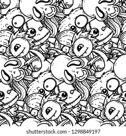 Seamless pattern with cute cartoon monsters. Ready for packaging, wrapping paper, prints, wallpaper, fabric, textile, fashion, home decor, etc. Vector illustration