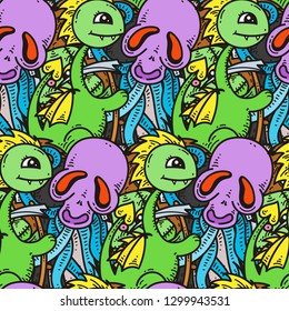 Seamless pattern with cute cartoon monsters. Ready for packaging, wrapping paper, prints, wallpaper, fabric, textile, fashion, home decor, etc. Vector illustration