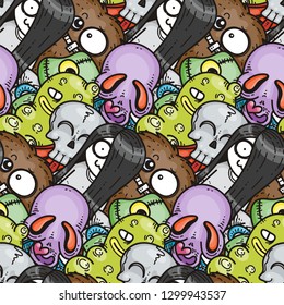 Seamless pattern with cute cartoon monsters. Ready for packaging, wrapping paper, prints, wallpaper, fabric, textile, fashion, home decor, etc. Vector illustration