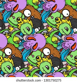 Seamless pattern with cute cartoon monsters. Ready for packaging, wrapping paper, prints, wallpaper, fabric, textile, fashion, home decor, etc. Vector illustration