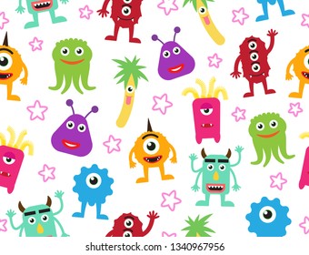 Seamless pattern of cute cartoon monsters background - Vector illustration 