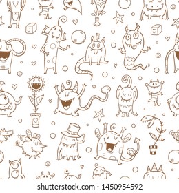 Seamless pattern with cute cartoon monsters on a white background. Doodle style.Vector contour image.