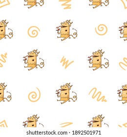 Seamless pattern with cute cartoon monsters on white background. Fabulous wallpapers with creatures. Funny animal print. Line art doodle poster.
