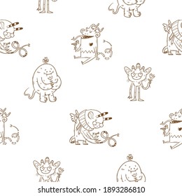 Seamless pattern with cute cartoon monsters on white background. Fabulous wallpapers with creatures. Funny animal print. Line art doodle poster.