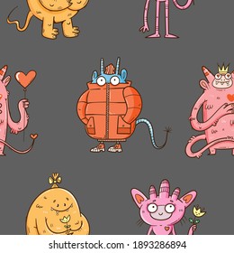 Seamless pattern with cute cartoon monsters on grey background. Fabulous wallpapers with creatures. Funny animal print. Line art doodle poster.