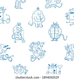 Seamless pattern with cute cartoon monsters on white background. Fabulous wallpapers with creatures. Funny animal print. Line art doodle poster.