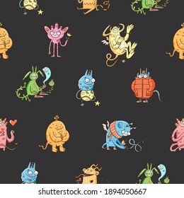 Seamless pattern with cute cartoon monsters on dark background. Fabulous wallpapers with creatures. Funny animal print. Line art doodle poster.