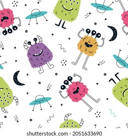 Seamless pattern with cute cartoon monsters on a white background. Vector illustration for printing on fabric, wrapping paper. Cute baby background