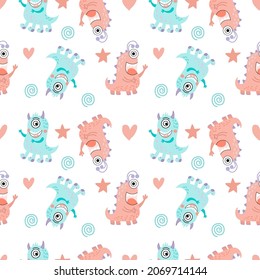Seamless pattern with cute cartoon monsters, vector graphics on white background. For design the covers of notebooks, phones, textiles, prints on childrens clothes, decorations for festive parties.