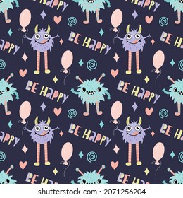 Seamless pattern with cute cartoon monsters, vector graphics on blue background. For design the covers of notebooks, phones, textiles, prints on childrens clothes, decorations for festive parties.