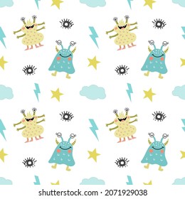 Seamless pattern with cute cartoon monsters, vector graphics on white background. For design the covers of notebooks, phones, textiles, prints on childrens clothes, decorations for festive parties.