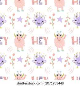 Seamless pattern with cute cartoon monsters, vector graphics on white background. For design the covers of notebooks, phones, textiles, prints on childrens clothes, decorations for festive parties.