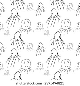 Seamless pattern with cute cartoon monsters. Black and white vector illustration.