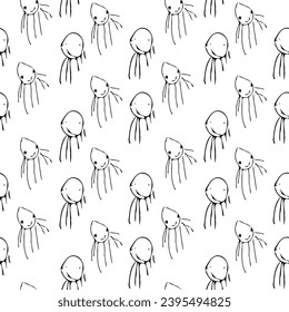 Seamless pattern with cute cartoon monsters. Black and white vector illustration.