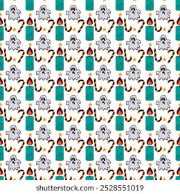 Seamless pattern with cute cartoon monsters and a variety of items for Halloween.