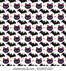 Seamless pattern with cute cartoon monsters and a variety of items for Halloween.