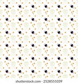 Seamless pattern with cute cartoon monsters and a variety of items for Halloween.