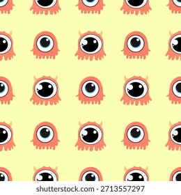 Padrão perfeito com monstros bonitos de desenhos animados sobre fundo amarelo. Caracteres ciclops divertidos para design infantil, tecido, papel de parede e papel de embrulho.