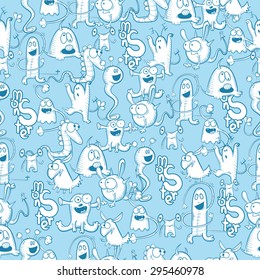 Seamless pattern with cute cartoon monsters on a blue background.