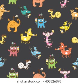 Seamless pattern with cute cartoon monsters on a dark background. Vector image.
