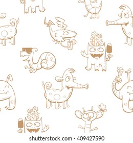 Seamless pattern with cute cartoon monsters on a white  background. Vector image.