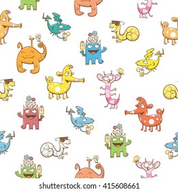 Seamless pattern with cute cartoon monsters on a white  background. Vector image.