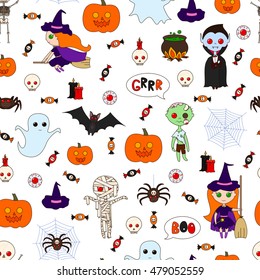 Seamless pattern with cute cartoon monsters and a variety of items for Halloween on a white background. Vector illustration