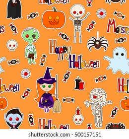 Seamless pattern with cute cartoon monsters, various objects and words (Happy Halloween, Monster), decorated in bright colors on an orange background. Vector background with stickers, pins, patches.
