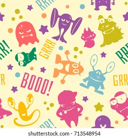 Seamless pattern with cute cartoon monsters. Background with color monster. Vector illustration