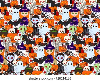 Seamless pattern with cute cartoon monsters and a variety of items for Halloween on a white background. Vector illustration