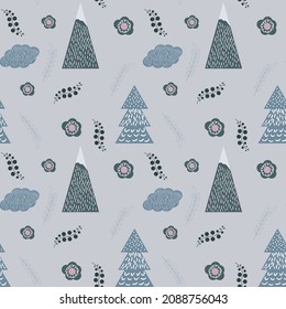 seamless pattern cute cartoon mountain with plants