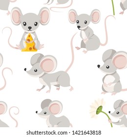 Seamless pattern of cute cartoon mouse . Funny little grey mouse collection. Emotion little animal. Cartoon animal character design. Flat vector illustration on white background
