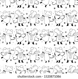 Seamless pattern of cute cartoon mouse in vector. Chinese symbol 2020 new year. Background New year and Christmas. Hand-drawn black and white line. Festive winter decoration. Doodle