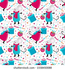 Seamless pattern cute cartoon mouse and gifts in vector. Kawaii mouse with Christmas toy. Happy rat. Chinese symbol 2020. Funny holiday animals. Christmas and new year background.