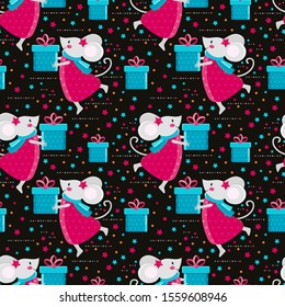 Seamless pattern cute cartoon mouse in vector. Kawaii mouse holds a gift. Happy rat gives a gift. Chinese symbol 2020. Funny holiday animals. Christmas and new year background. Children's illustration