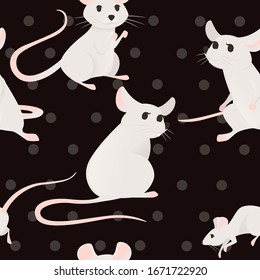Seamless pattern of cute cartoon mouse small white mouse flat vector illustration on dark background