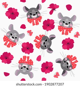Seamless pattern with cute cartoon mouse faces, little butterflies and red poppy flowers on white background. Fabric for baby.