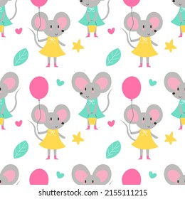 Seamless pattern of cute cartoon mouse . Funny little grey mouse collection. Emotion little animal. Cartoon animal character design. Flat vector illustration on white background EPS