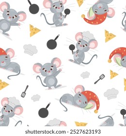 Seamless pattern with cute cartoon mouse chef, cheese and kitchen utensils. Element for print, texture,
fabric, packaging. Vector illustration.