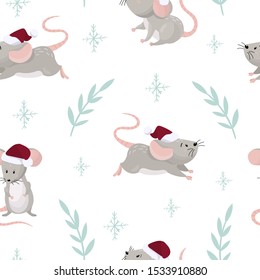 Seamless pattern with cute cartoon mouses in a red christmas hat. New year 2020 design. Vector illustration.