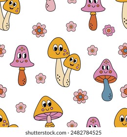 seamless pattern with cute cartoon mushroom and flowers