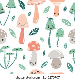 Seamless pattern with cute cartoon mushrooms with faces and leaves. Childish background with funny forest mushroom characters and leaves. Emoticon, emoji set vector texture for kids textile, 