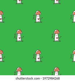 Seamless pattern with cute cartoon mushrooms on green background. Funny doodle character wallpapers. Childish vector print.
