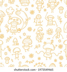 Seamless pattern with cute cartoon mushrooms on  white background. Funny doodle character wallpapers. Childish vector print.