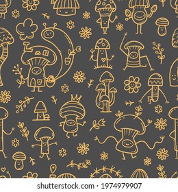 Seamless pattern with cute cartoon mushrooms on  dark background. Funny doodle character wallpapers. Childish vector print.