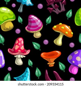 Seamless pattern with cute cartoon mushrooms on the dark background