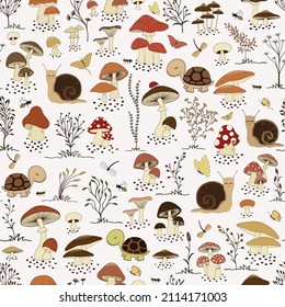 Seamless pattern and cute cartoon mushrooms   cartoon turtles   snails white background