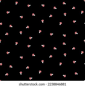 Seamless pattern with cute cartoon mushrooms fly agaric on black background. Vector illustration.