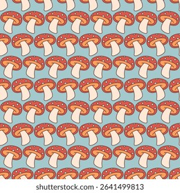 Seamless pattern with cute cartoon mushrooms on blue background. Fun illustration in flat vector style, ideal for print and web use, wrapping paper, kitchen decor, fall or forest-themed cards